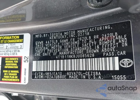 2018 Toyota Camry Se from USA, damaged, VIN 4T1B11HK8JU085628